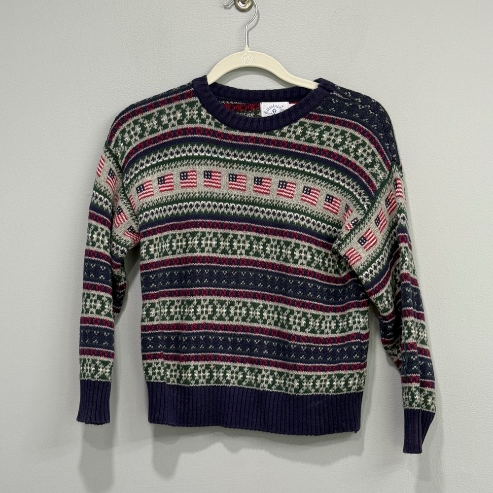 Kitesstrings Vintage American Flag Fair Isle Sweater Navy Blue Cotton Kids 8/10